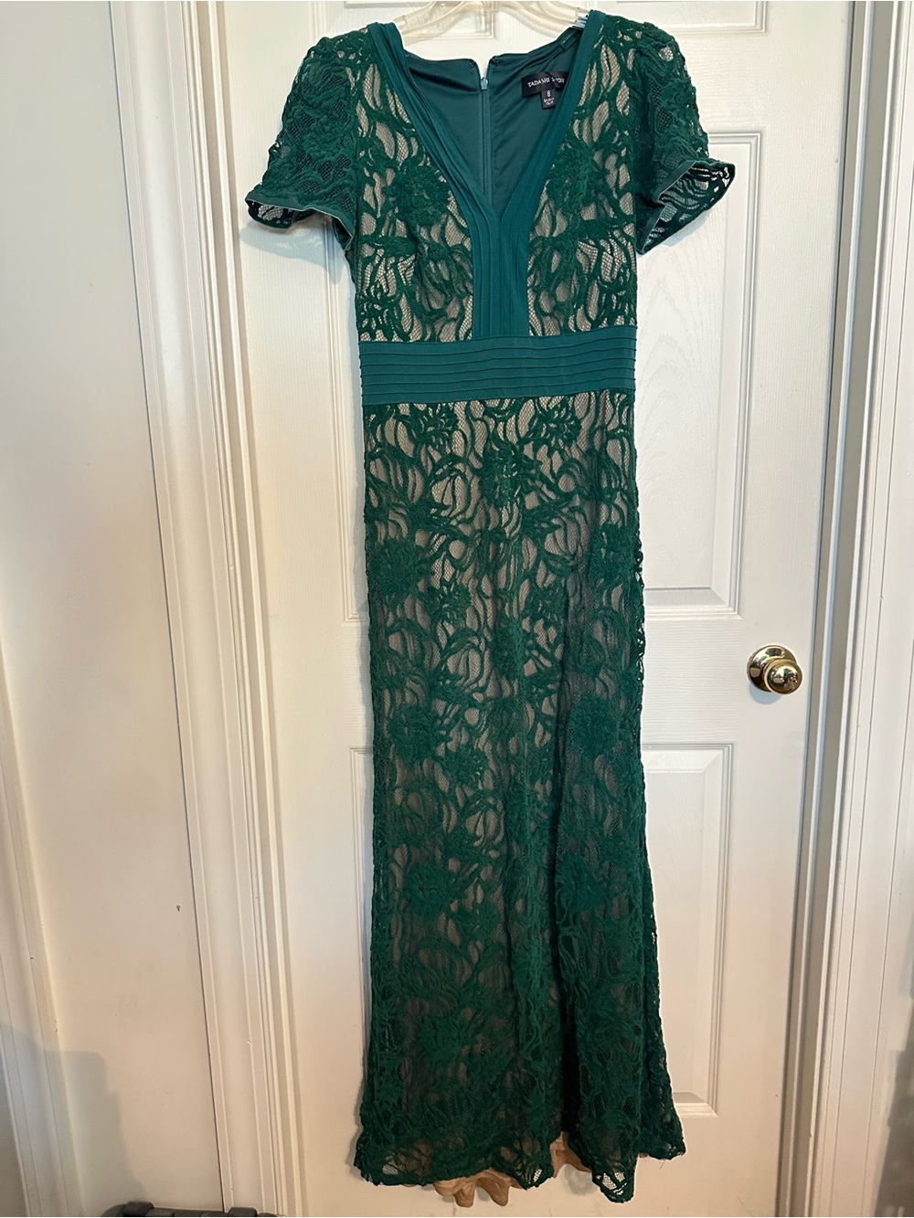 Tadashi Shoji Deep Green Lace V‑Neck Maxi Dress